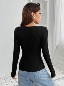 SHEIN PETITE Solid V Neck Tee - Black - View 2