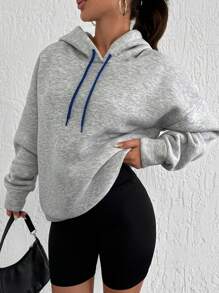 RueChic Letter Graphic Drop Shoulder Drawstring Hoodie - Dusty Purple - View 4