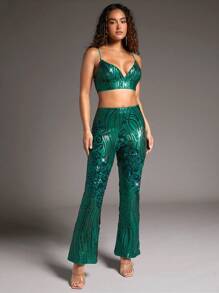 SHEIN BAE 圣诞闪亮喇叭裤 - 綠色 - 查看 2