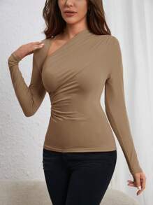 COSMINA Solid Ruched Asymmetrical Neck Tee - Mocha Brown - View 5