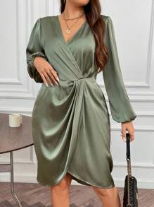 SHEIN Clasi Plus V Neck Lantern Sleeve Ruched Wrap Hem Dress - Army Green - View 1