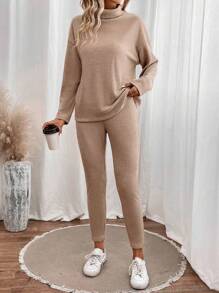 SHEIN LUNE 純色高領落肩羅紋針織t卹+褲子 - 卡其色 - 查看 1