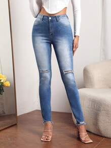 SHEIN Tall High Waist Ripped Raw Hem Skinny Jeans - Medium Wash - View 6
