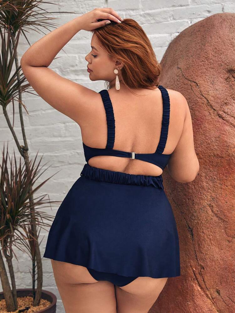 Women'S Plus Size Solid Color High Waisted Bikini Set With Belted Vest Cropped Top Summer