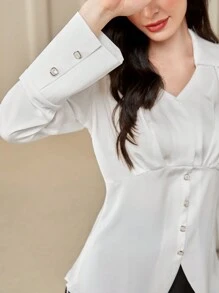 Modelyn Quý cô Màu thuần Chi tiết Nút Áo sơ mi - trắng - Xem 3