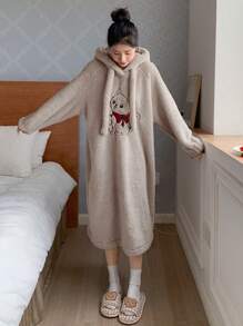 DAZY Cat Embroidery Raglan Sleeve Drawstring Hooded Teddy Lounge Dress - Khaki - View 5