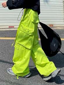 Solid Drawstring Hem Cargo Pants - Green - View 3