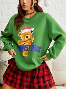SHEIN EZwear Giáng sinh Đồ họa chữ cái & Gấu Thả vai Áo nỉ - màu xanh lá - Xem 7