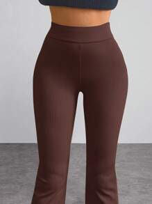 EURMUSE High Waisted Flare Leg Trousers - Chocolate Brown - View 3