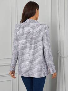 SHEIN Clasi Plaid Pattern Double Breasted Tweed Blazer