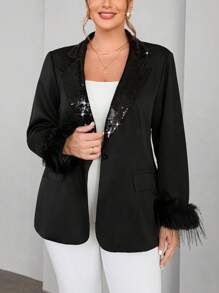 SHEIN Privé Plus Fuzzy Cuff Sequin Lapel Collar Blazer - Black - View 5