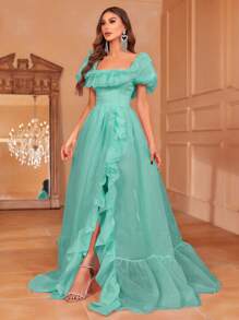 Square Collar Puff Sleeve Ruffle Trim Organza Dress - Green - View 7