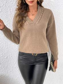 SHEIN Frenchy Màu thuần Thả vai Áo len - màu nâu - Xem 3