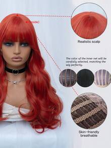 ROMWE Grunge Punk 1pc Red Long Curly Wave Synthetic Hair Wig With Bangs - Red - View 4