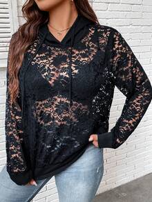 SHEIN LUNE Sudadera con cordón de encaje talla grande - Azul Marino - Ver 4