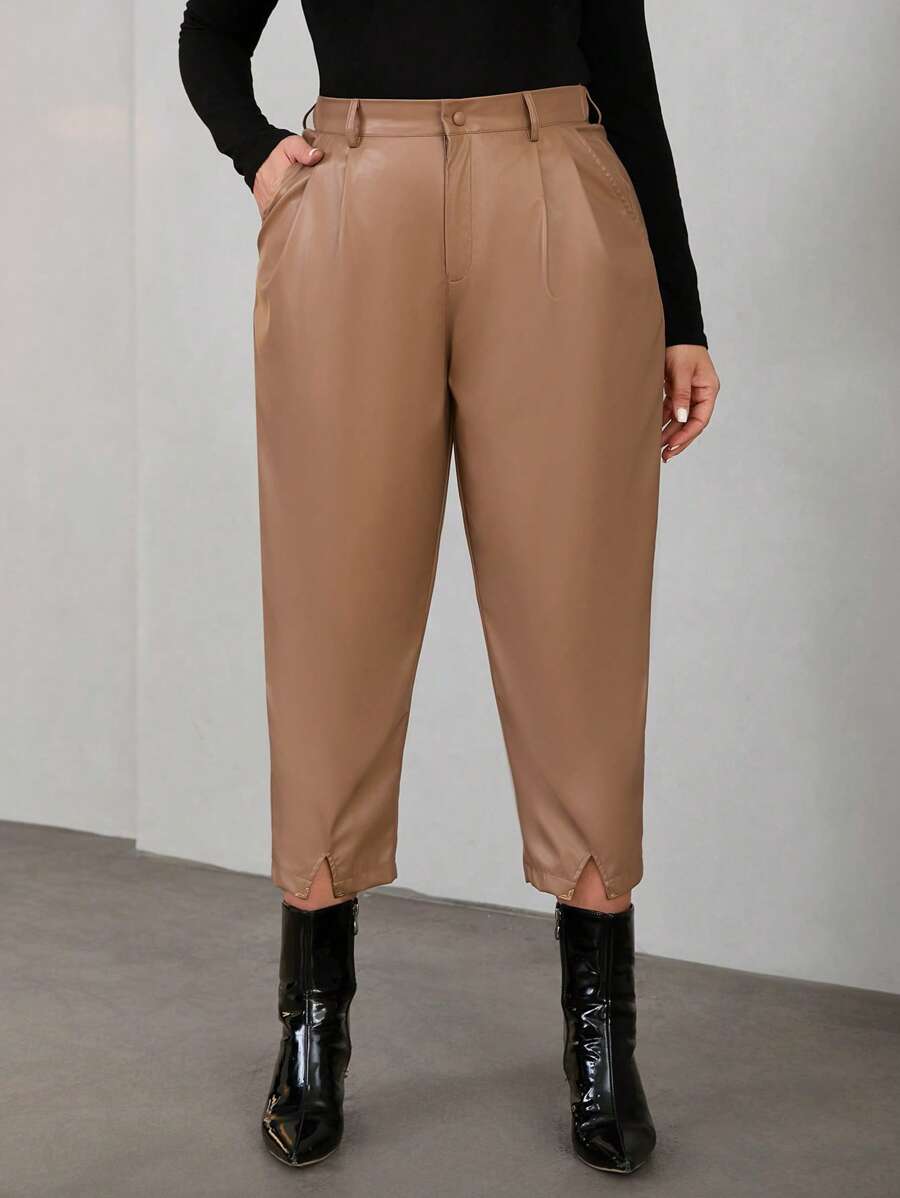 SHEIN Privé Plus Split Hem Slant Pocket Cropped PU Leather Pants - Khaki - View 1