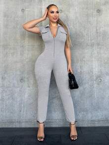 SHEIN SXY Túi có nắp Dây kéo Áo liền quần - Xám - Xem 5