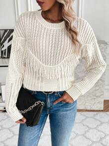 Chiquease Fringe Trim Drop Shoulder Sweater Knit Pullover Fall Winter Outfit