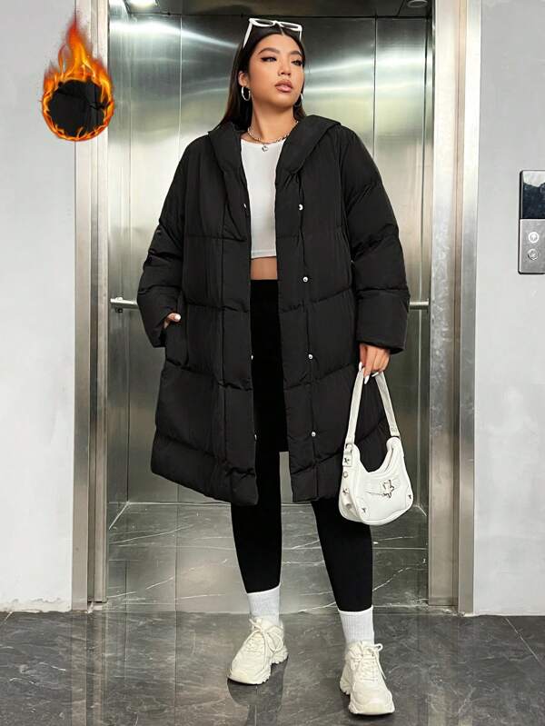 SHEIN EZwear Plus Slant Pockets Hooded Padded Coat