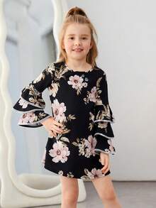 SHEIN 小女孩針織花細節圓領寬鬆優雅洋裝 - 黑色 - 查看 4