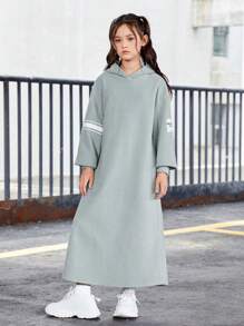 SHEIN Tween Girl Contrast Panel Drop Shoulder Hooded Sweatshirt Dress - Green - View 4