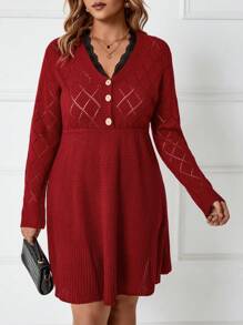 SHEIN LUNE Plus Lace Trim Button Detail Sweater Dress - Red - View 2