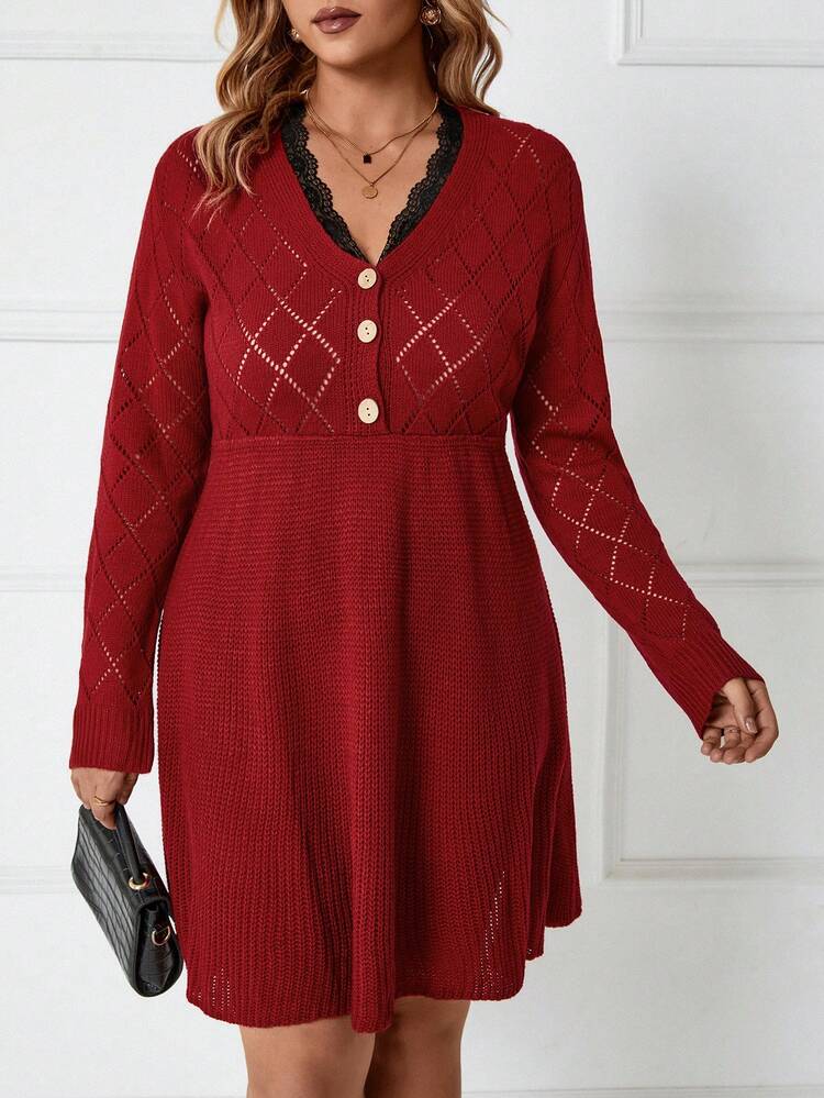Plus Lace Trim Button Detail Sweater Dress