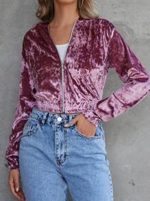 EURMUSE Zip Up Hooded Velvet Sweatshirt - Pink - View 1