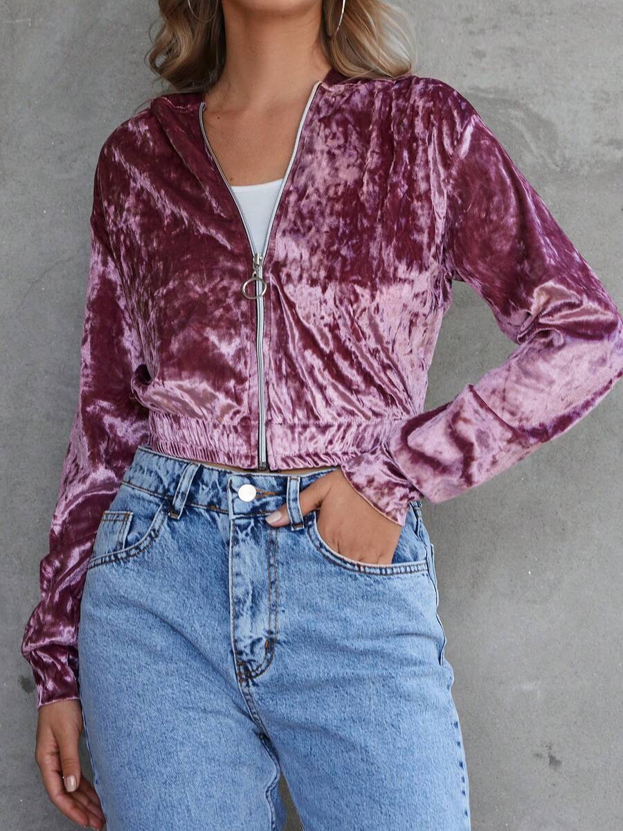 EURMUSE Zip Up Hooded Velvet Sweatshirt - Pink - View 1