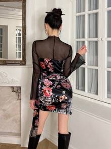 EastFlair Floral Print Contrast Mesh Ruched Side Bodycon Dress - Multicolor - View 2