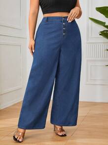 SHEIN Privé 大尺碼純棉直筒褲 - 藍色 - 查看 3