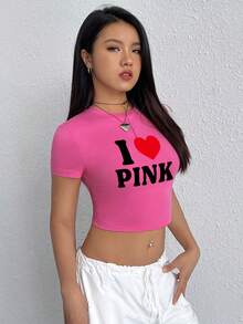 SHEIN EZwear Đồ họa Khẩu hiệu Áo phông Crop - Hồng - Xem 4