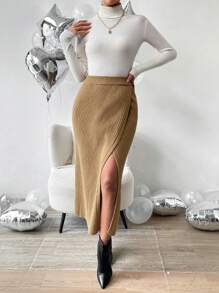 Chiquease Split Thigh Knit Skirt - Camel - View 3