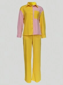 2pcs Contrast Color Collared Casual Elegant Shirt And Solid Color Pants Set - Màu vàng - Xem 7