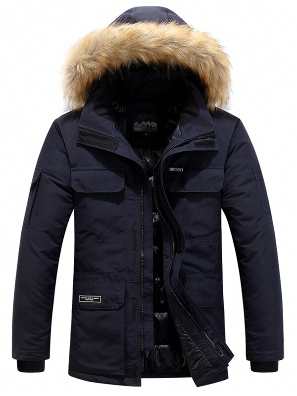 Men Plus Letter Graphic Flap Pocket Fuzzy Trim Hooded Thermal Lined Jacket