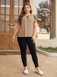 SHEIN Clasi Hơn Tương phản ràng buộc Đường viền lỗ khóa Tay áo cánh hoa Áo sơ mi - Lạc đà - Xem 5