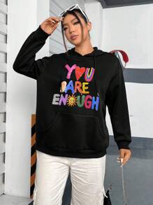 Flirla Plus Slogan Graphic Kangaroo Pocket Drop Shoulder Drawstring Hoodie - Black - View 5