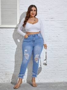SHEIN Privé Kích thước lớn Của phụ nữ Rách Frayed Hem Co giãn Quần jean ôm - Màu xanh lam - Xem 4