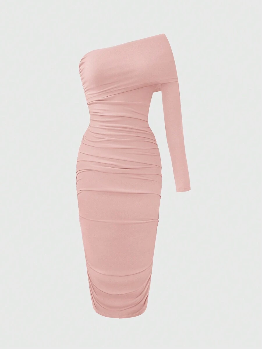 SHEIN Unity 女式一肩荷葉邊洋裝 - 淺粉色 - 查看 1