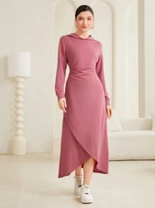 Mulvari Màu thuần áo có mũ Bao bên Đầm nỉ - Màu Hồng Tươi - Xem 3