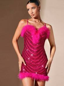 SHEIN BAE Christmas Patchwork Frayed Hem Slim Fit Bodycon Spaghetti Strap Dress - Pink - View 1