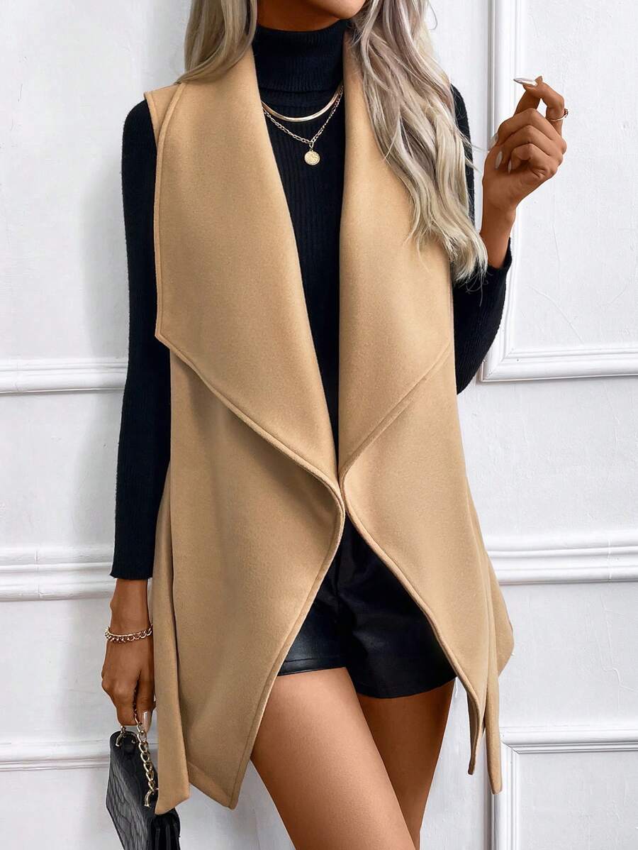 SHEIN Essnce 大翻領開門襟背心大衣 - 薑色 - 查看 1