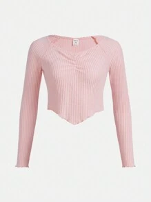 SHEIN Thiếu niên cô gái Nếp gấp Phần Ngực Ren Mộc nhĩ Tay Raglan Viền khăn tay Áo thun - Màu Hồng baby - Xem 1