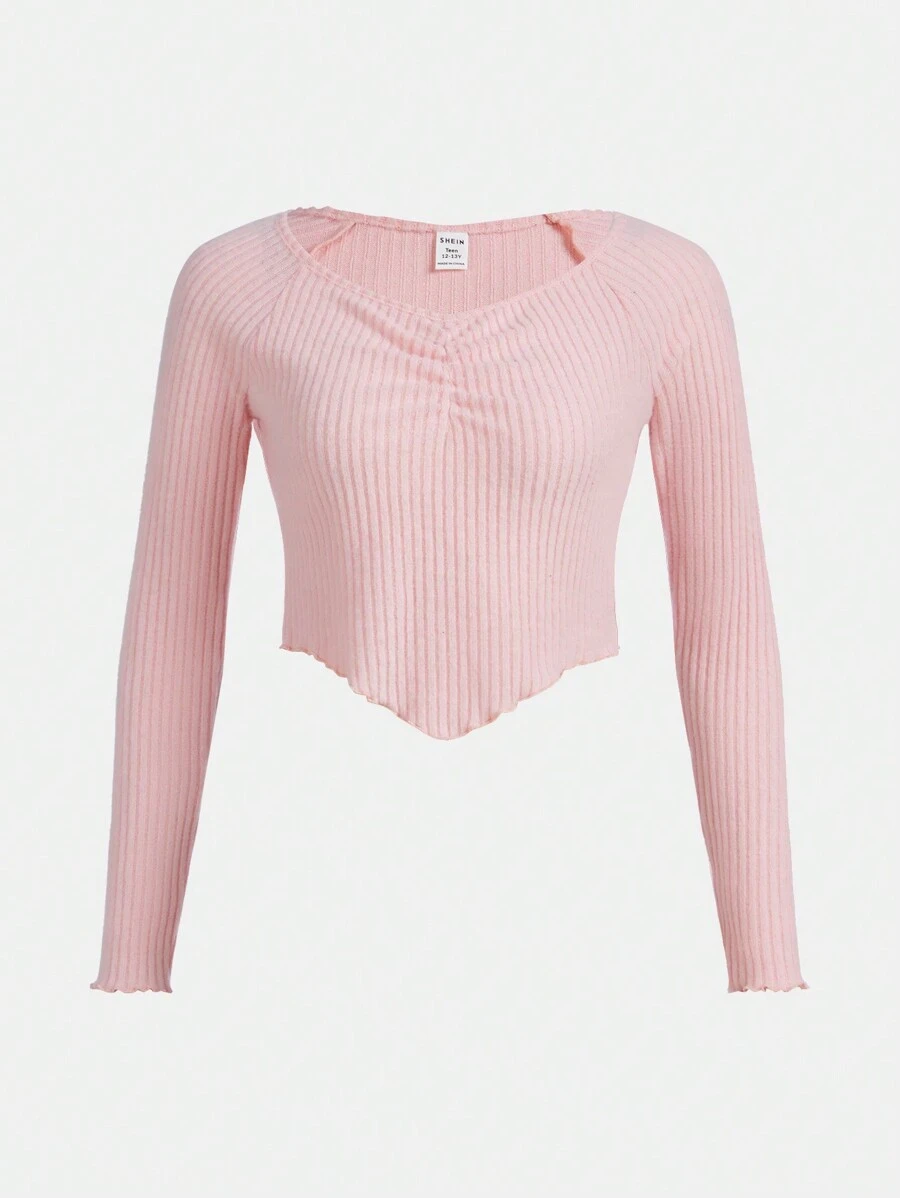SHEIN Thiếu niên cô gái Nếp gấp Phần Ngực Ren Mộc nhĩ Tay Raglan Viền khăn tay Áo thun - Màu Hồng baby - Xem 1