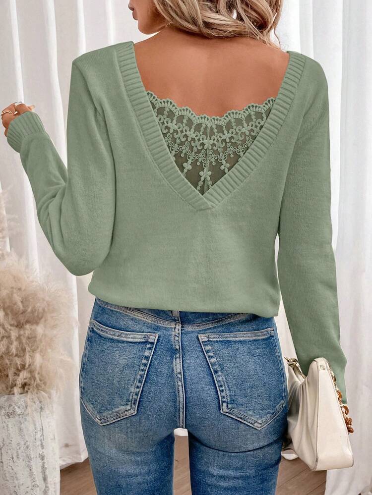 V-Neck Embroidered Mesh Contrast Sweater Lace Long Sleeve Toplight Green Topsage Green Toplace Long Sleeve Winter Casual Christmas
