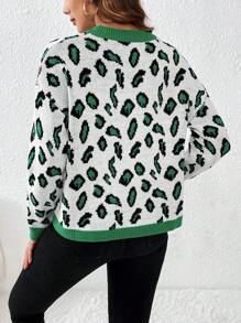 SHEIN LUNE Leopard Pattern Contrast Trim Drop Shoulder Sweater Knit Pullover Fall Winter Outfit