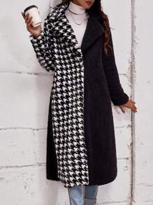 SHEIN LUNE Contrast Houndstooth Print Lapel Neck Teddy Coat Fall Cloth For Women - Black and White - View 6