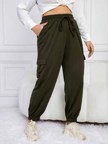 SHEIN Frenchy Hơn Túi nắp bên cạnh Eo dây rút Quần Cargo - xanh quân đội - Xem 4