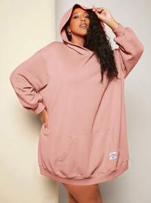 SHEIN CURVE+ 大碼字母貼布袋鼠口袋落肩袖連帽衛衣裙 - 藕粉色 - 查看 1