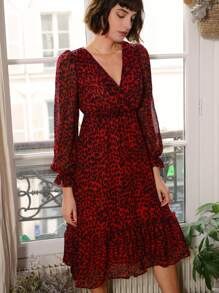 SHEIN Frenchy Allover Print Ruffle Hem Frill Trim Wrap Dress Winter Elegant Evening Dress - Multicolor - View 4